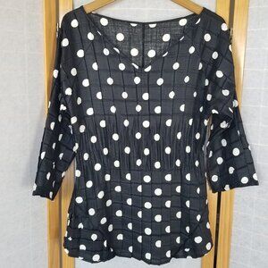 Babette San Francisco Blouse Black Crinkle Square Polka dot Top Shirt Large EUC